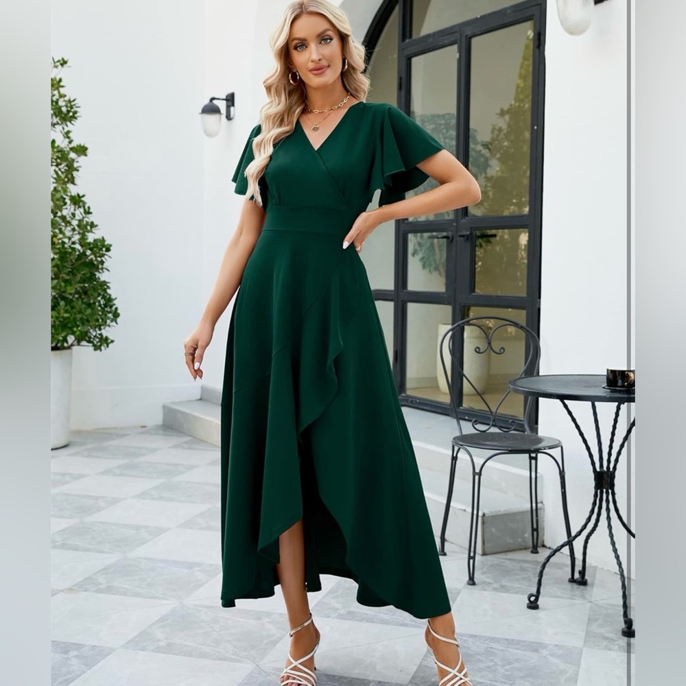 Formal Gown Evening Party Cocktail Split Elegant VNeck Wrap Ruffle Wedding Dress